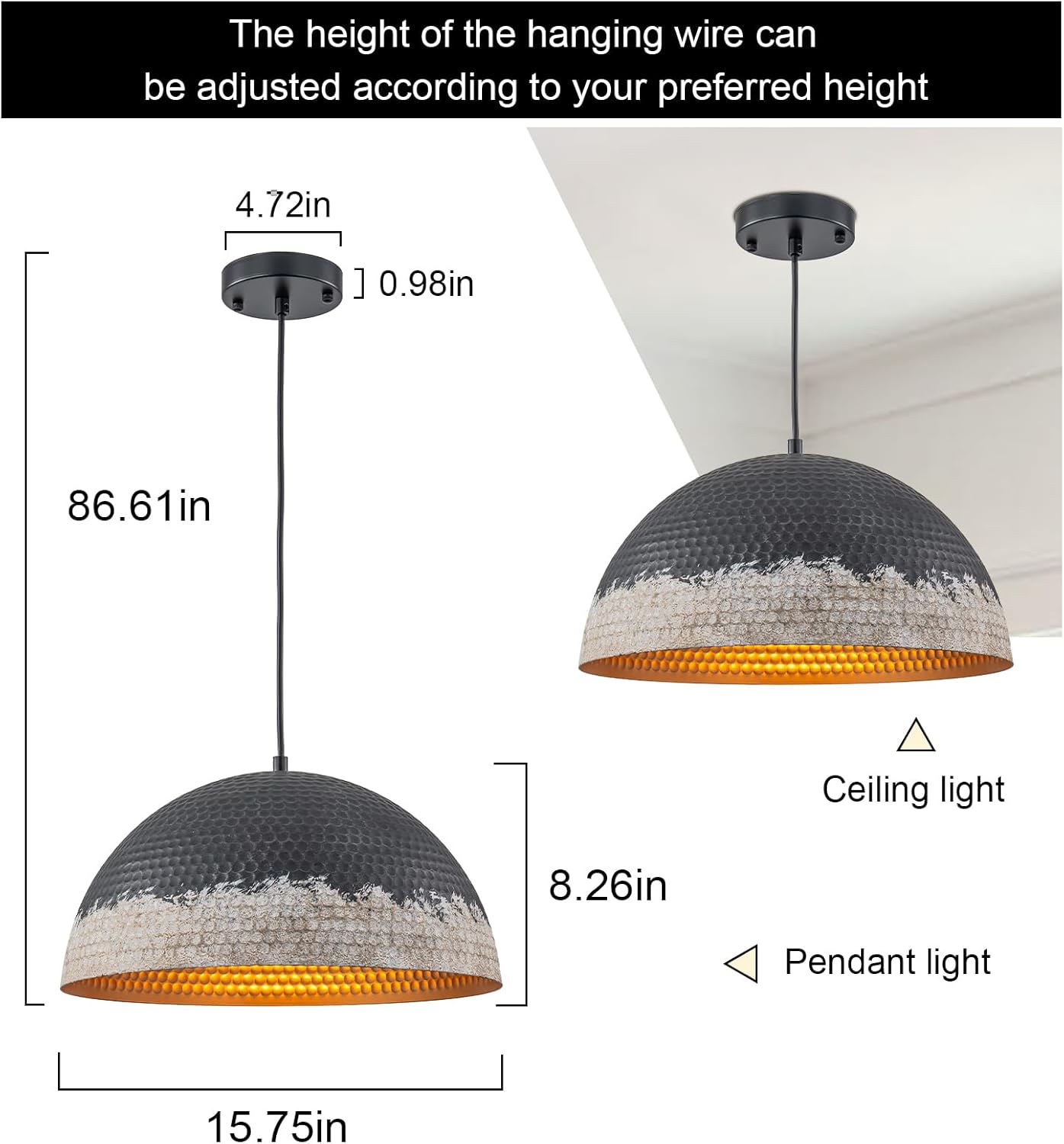 15.75" dome pendant light destressed bedroom light metal hallway light