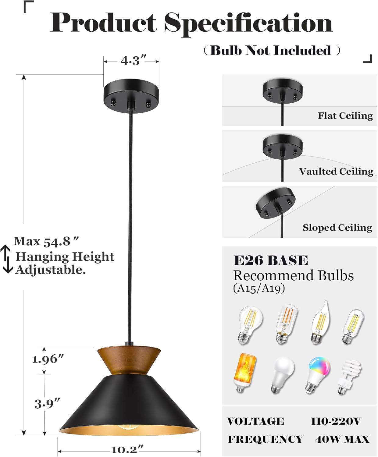 Farmhouse hanging lamp black pendant light metal,wood bedroom light