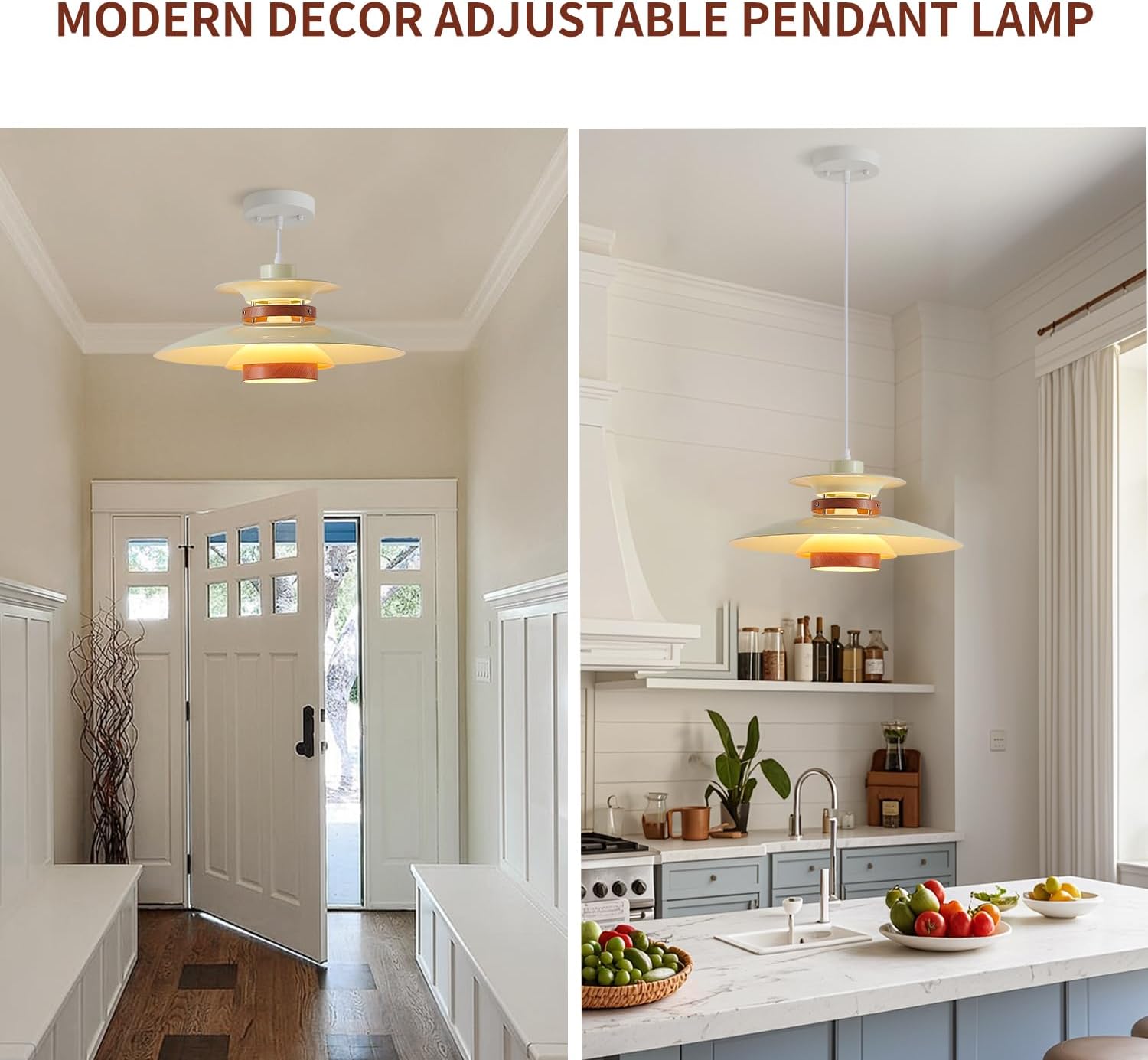 Adjustable dining room light beige+dark wood pendant lamp wood, metal hanging light