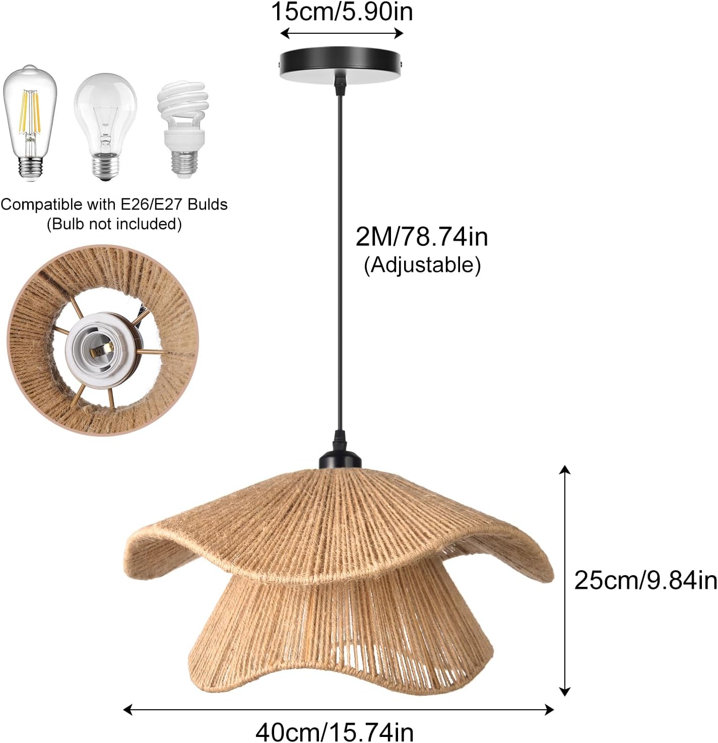 Rustic pendant light dark brown chandelier lamp jute rope hanging light