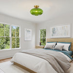 11.8 Inch green lighting glass, metal light bulb striped green ceiling light