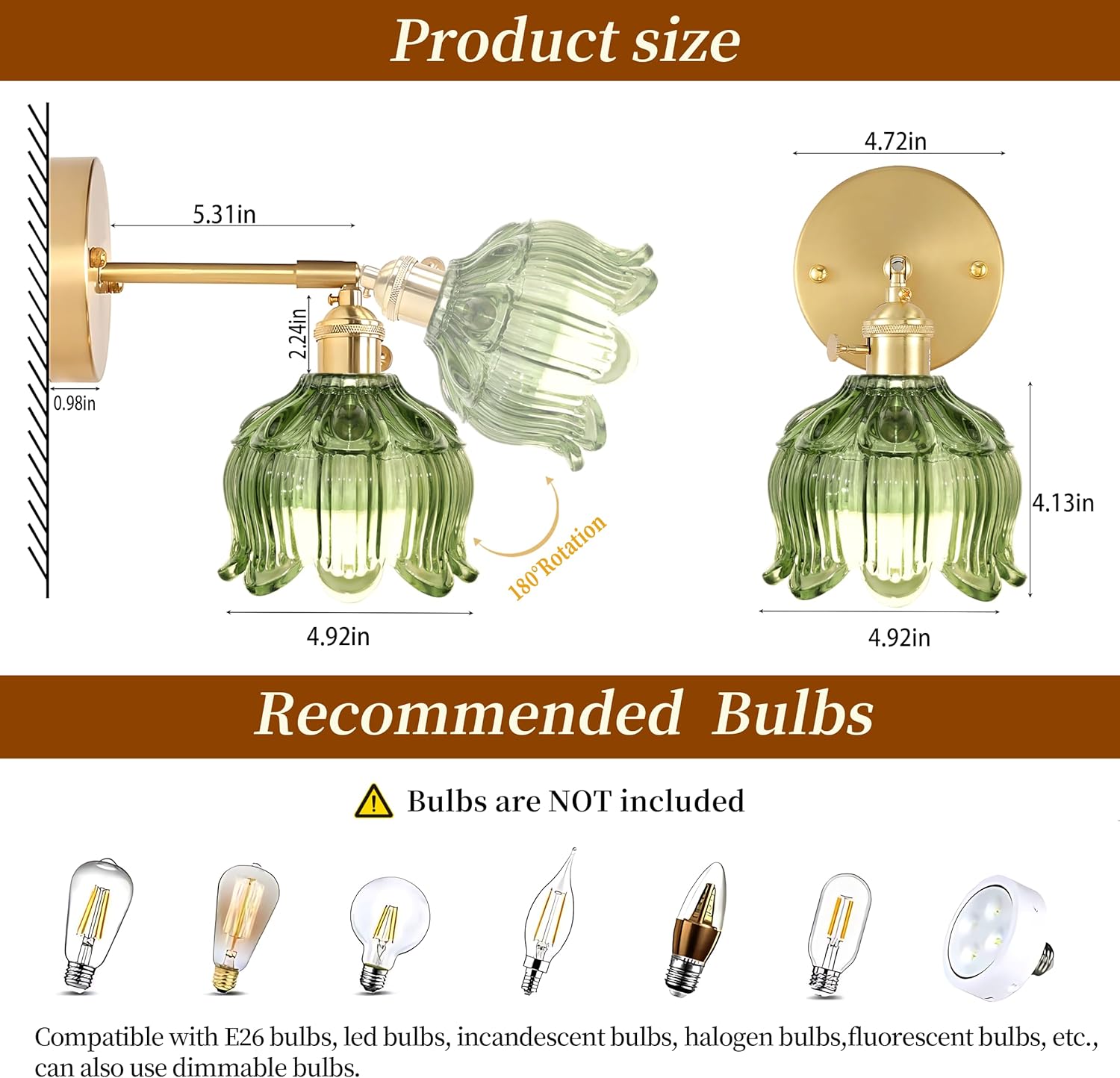 Set of 2 bedroom light green wall light brass, glass kitchen light