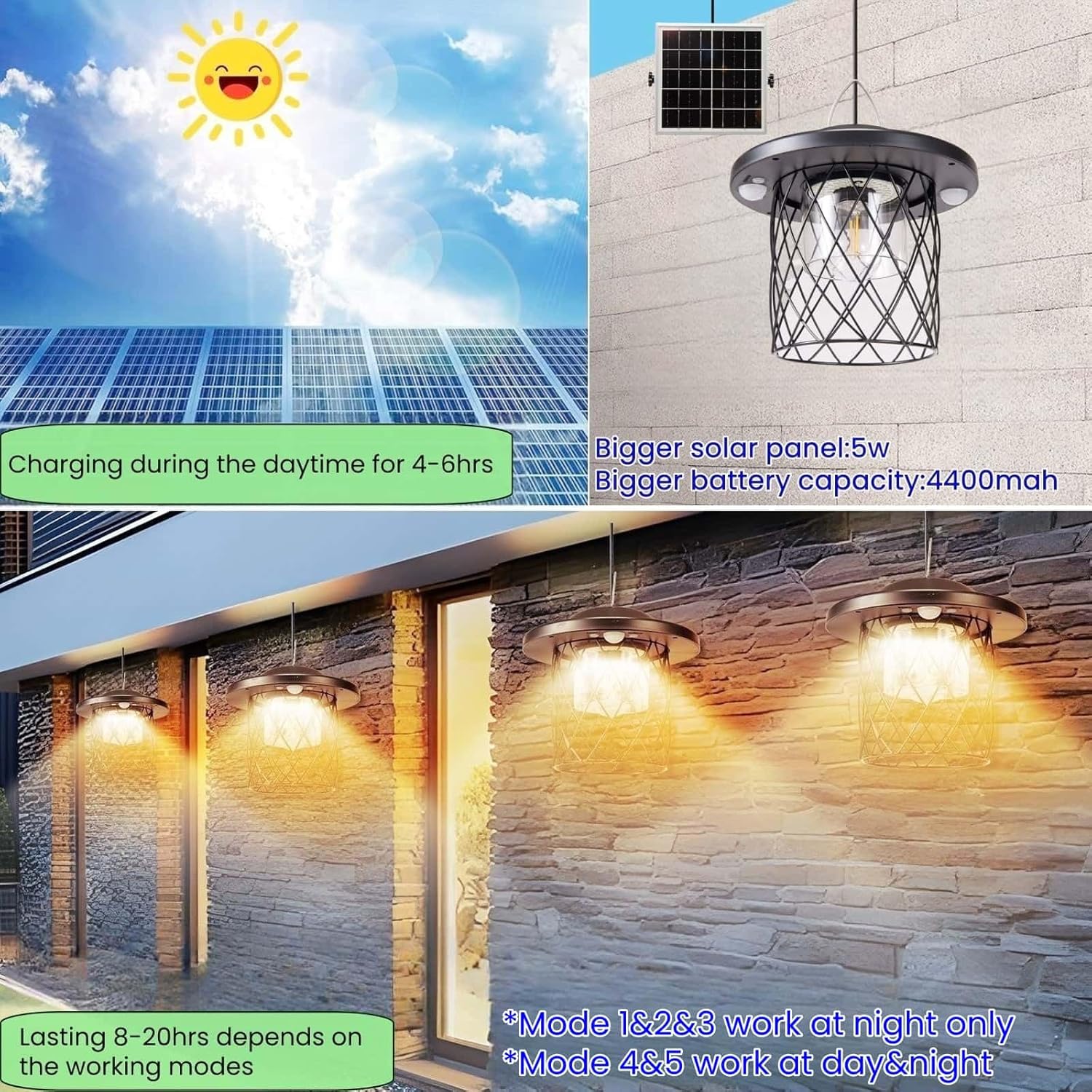 Led solar lights black pendant lamp ‎plastic, metal Patio light