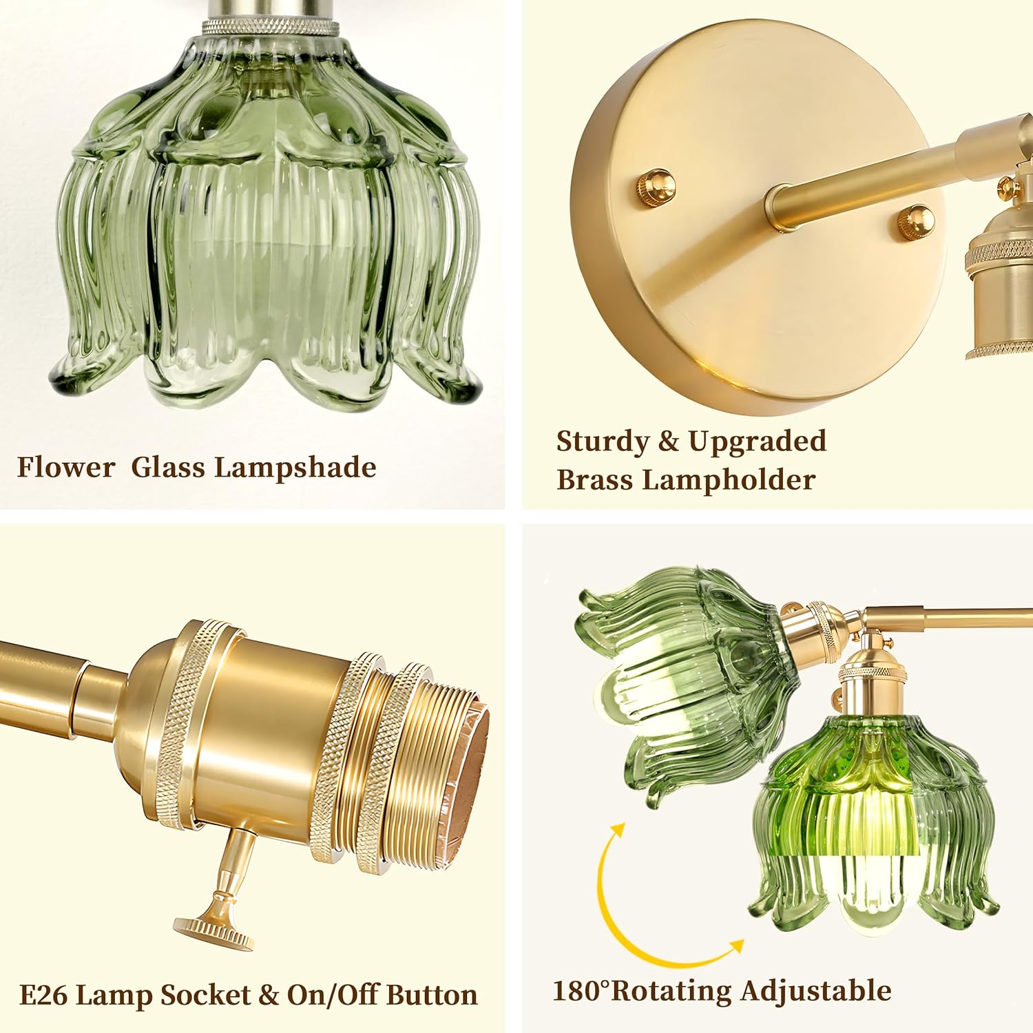 Set of 2 bedroom light green wall light brass, glass kitchen light