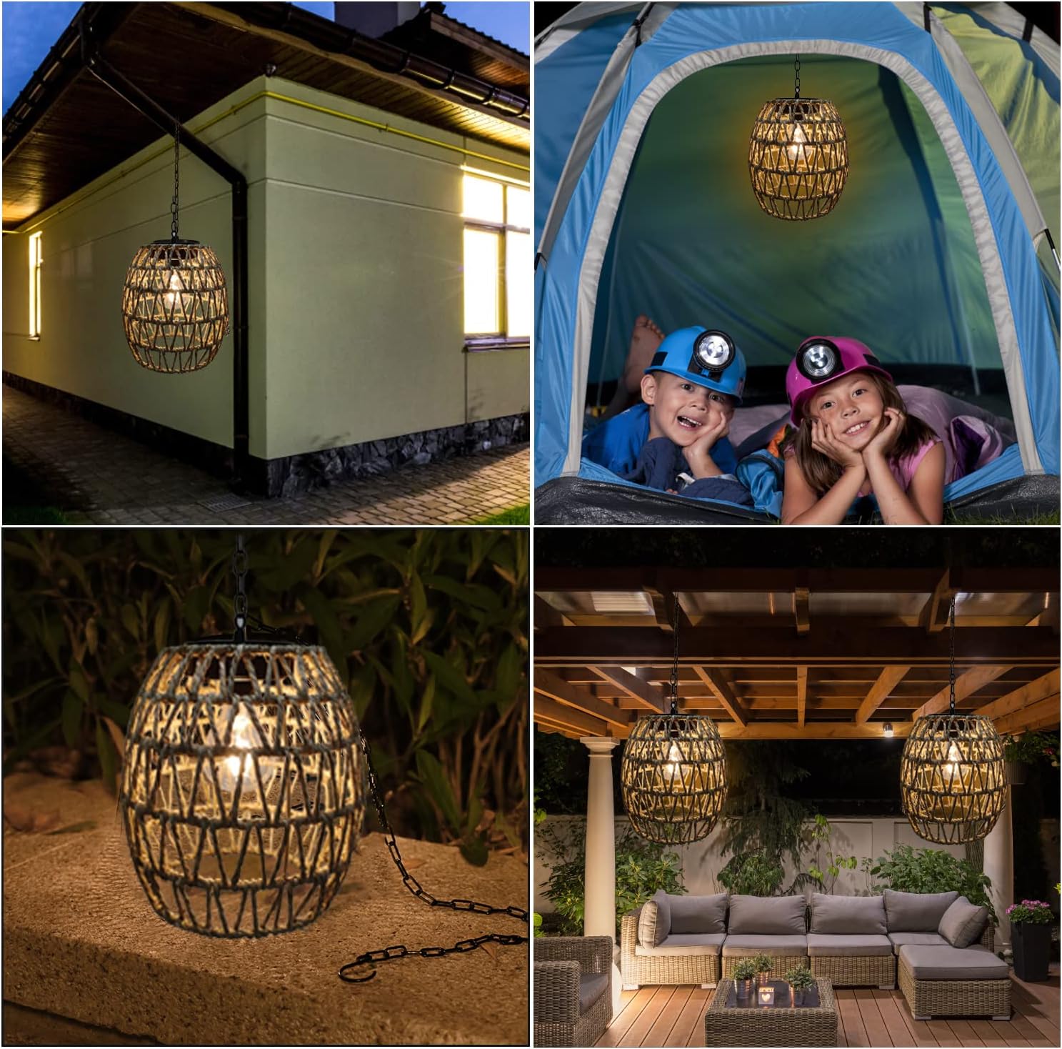 Twine hooks hanging lamp brown, beige solar light rattan, bamboo porch light