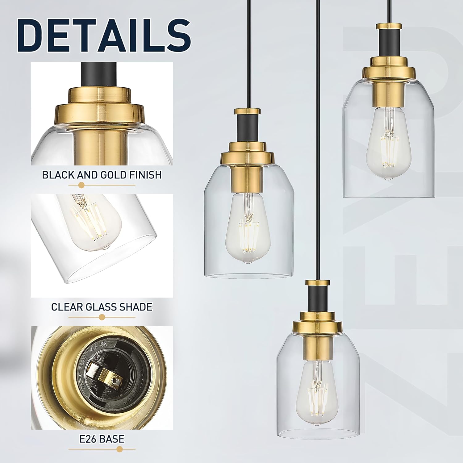 3-light pendant light black & gold hanging lamp glass, metal corridor light