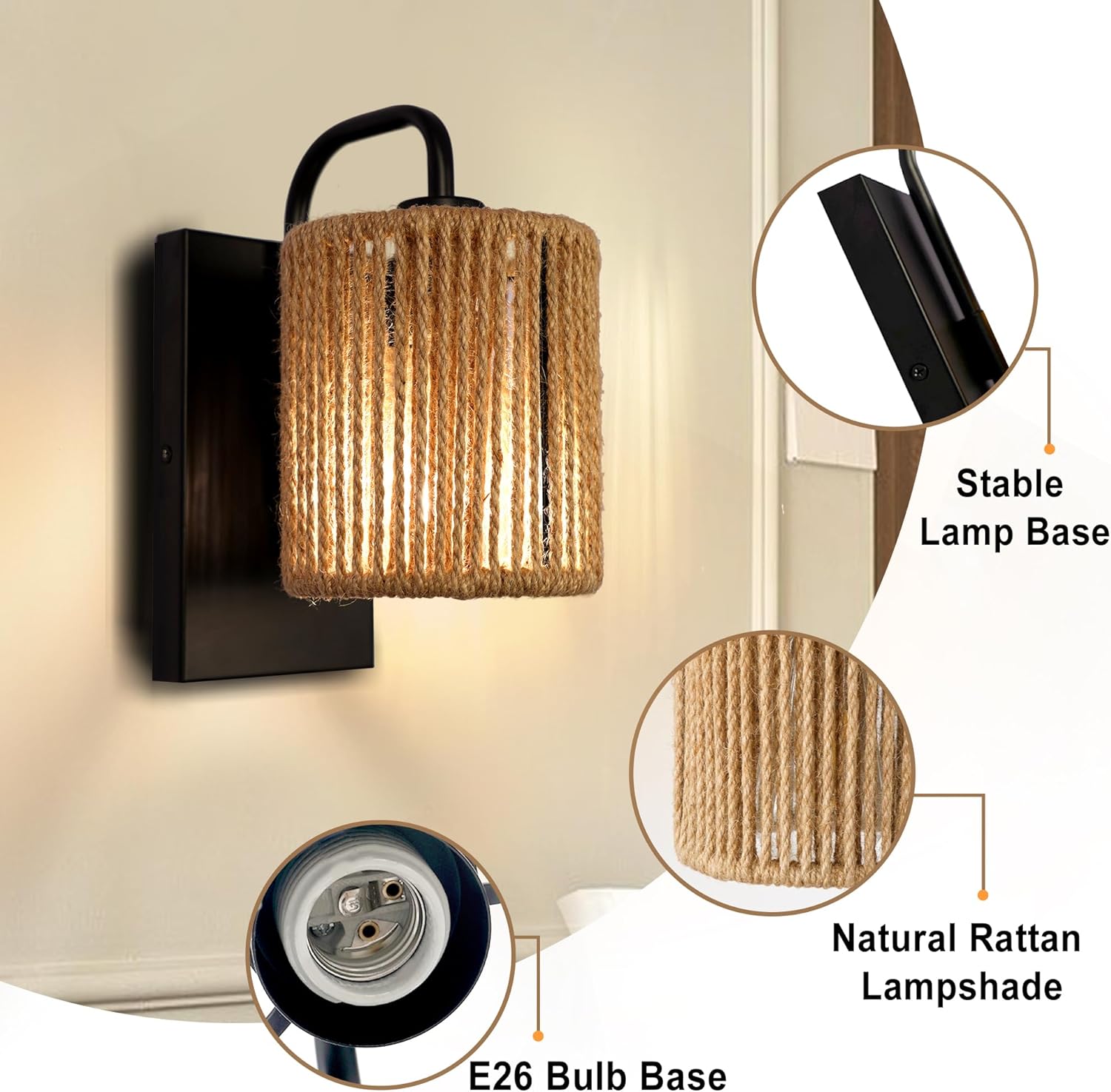 Bohemian bathroom light rattan wall light hemp rope,metal fixtures light