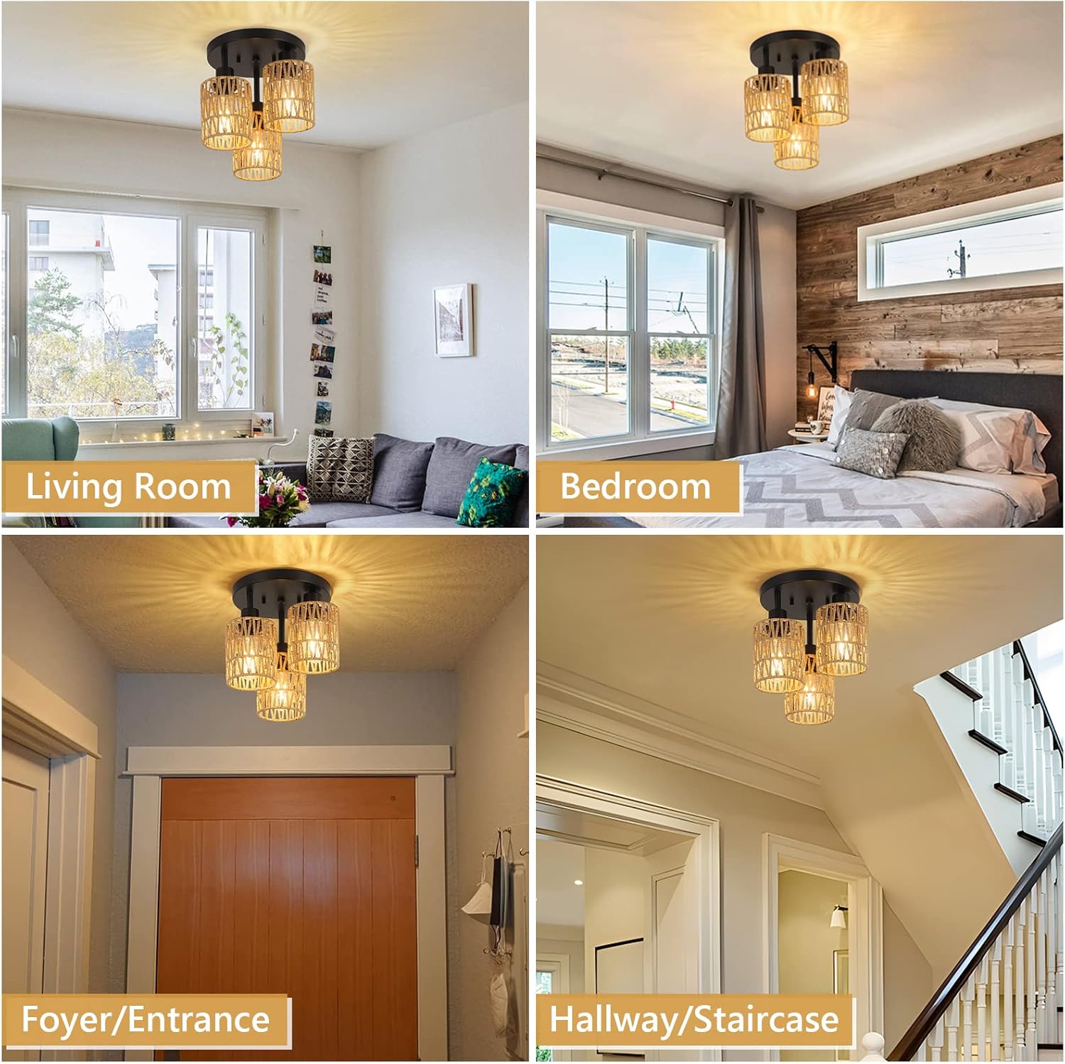 3-lights ceiling light black kitchen light rattan, metal flush mount light