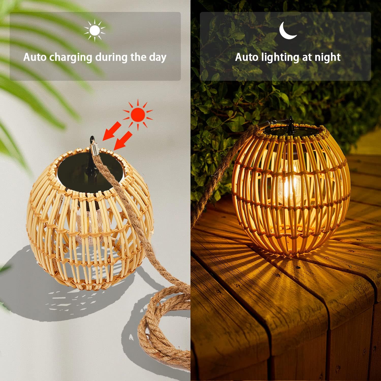 Waterproof solar lantern natural hanging light rattan patio light