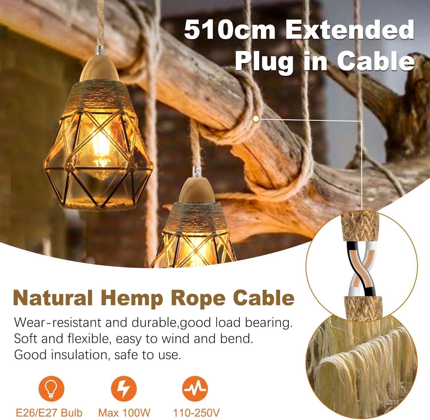 Rustic bedroom light black pendant light wood & hemp rope cable hanging light