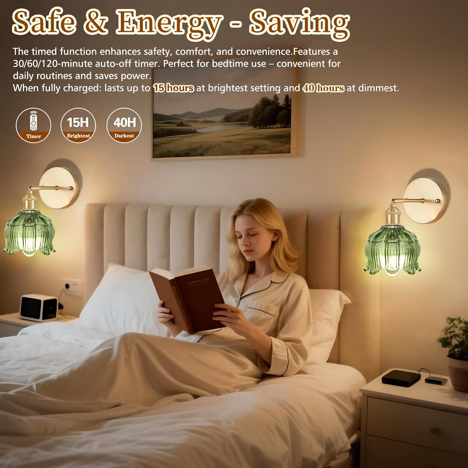 Set of 2 bedroom light green wall light brass, glass kitchen light