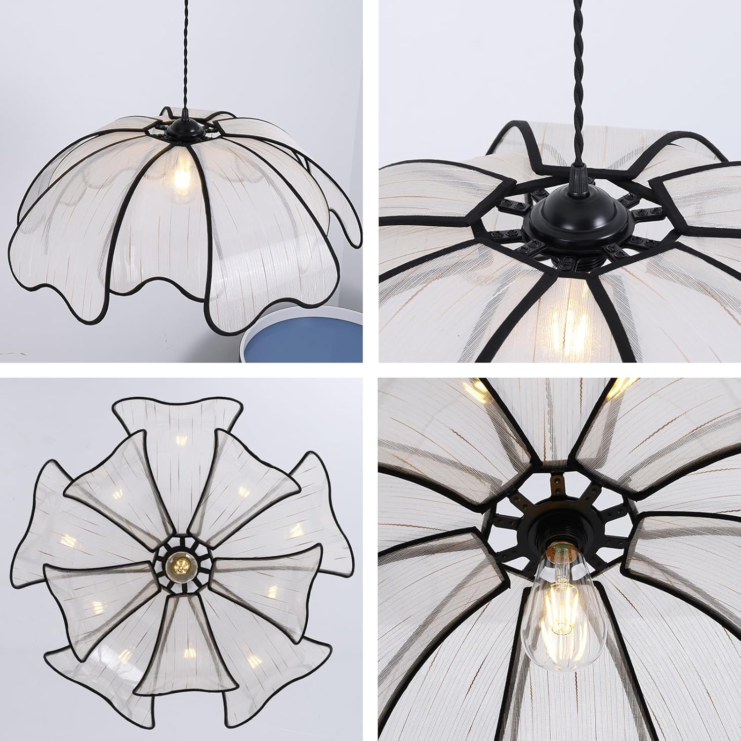 24 inch chandelier light black/white hanging light metal + plant silk pendant light
