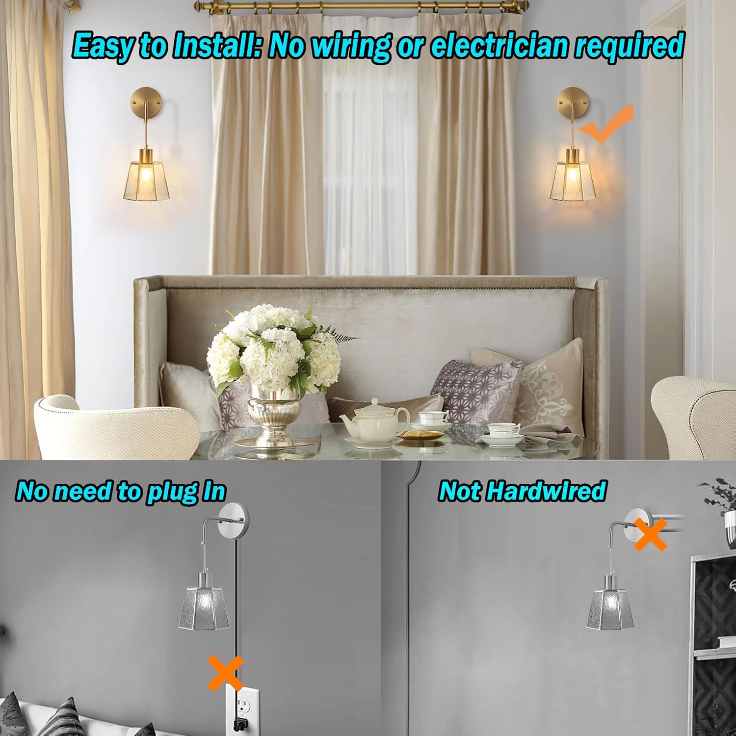 Set of 2 bedroom light transparent wall light metal bedside light