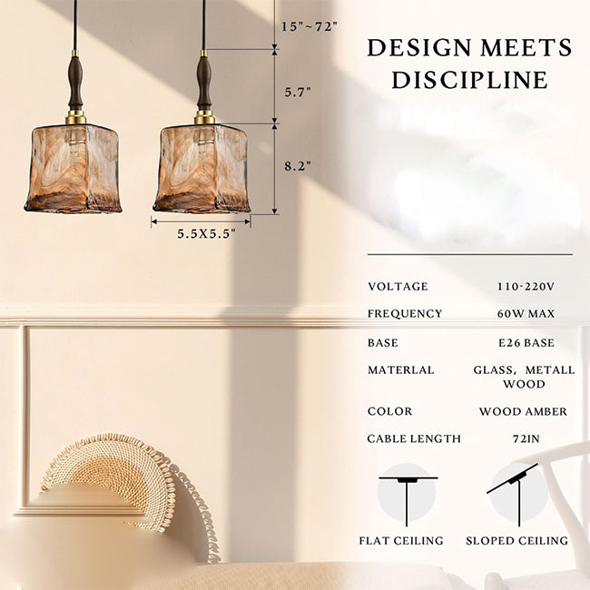 Rectangular pendant light golden amber hanging light glass metal fixture light