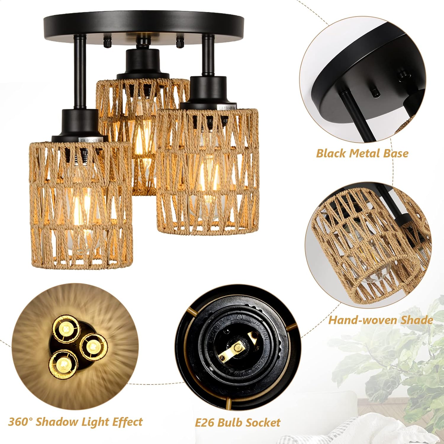 3-lights ceiling light black kitchen light rattan, metal flush mount light