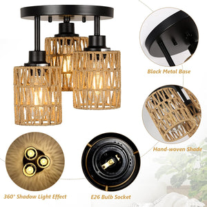 3-lights ceiling light black kitchen light rattan, metal flush mount light