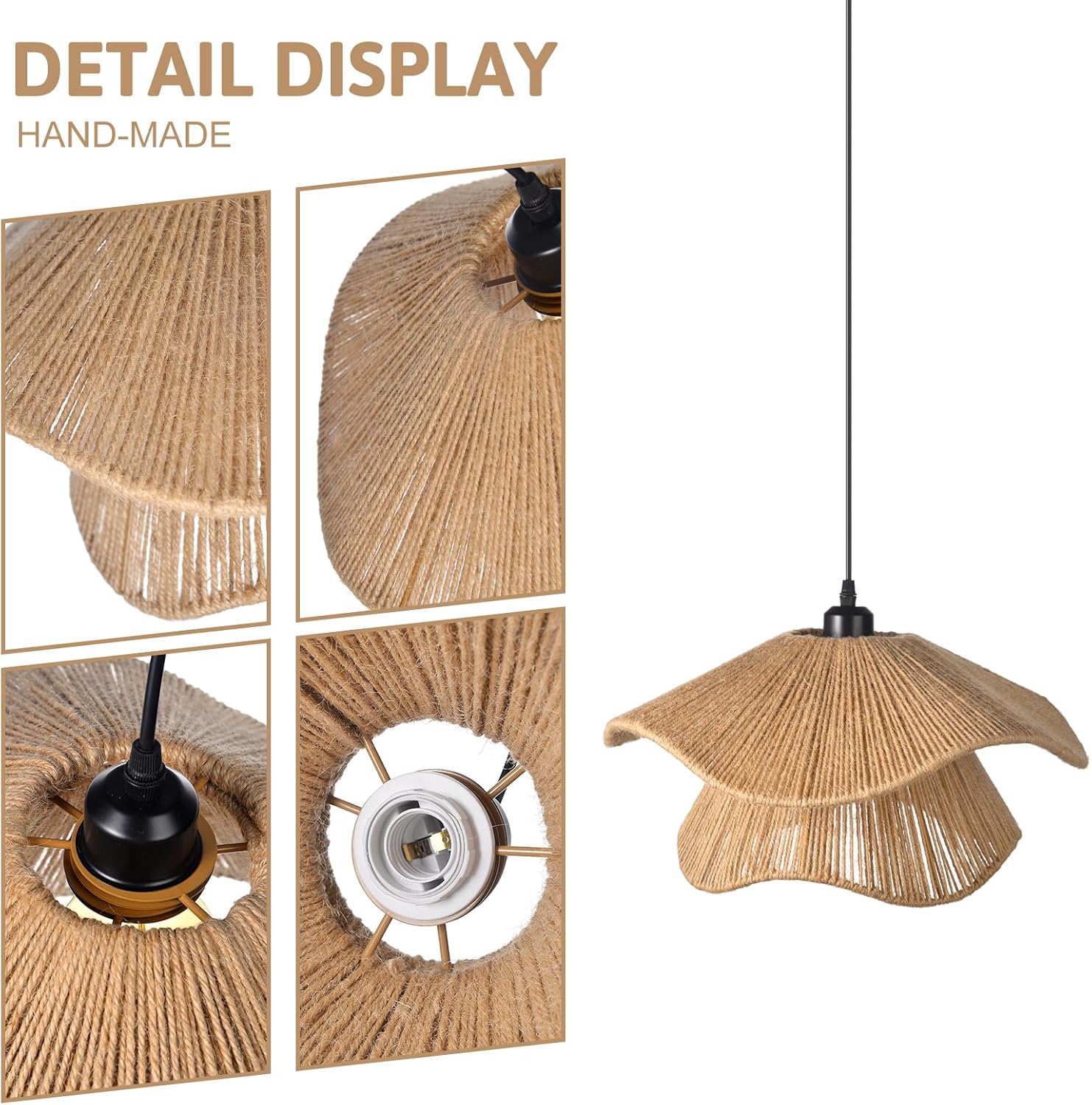 Rustic pendant light dark brown chandelier lamp jute rope hanging light