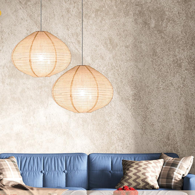 2 Pack handmade pendant light beige bedroom light cotton linen blend hanging lantern