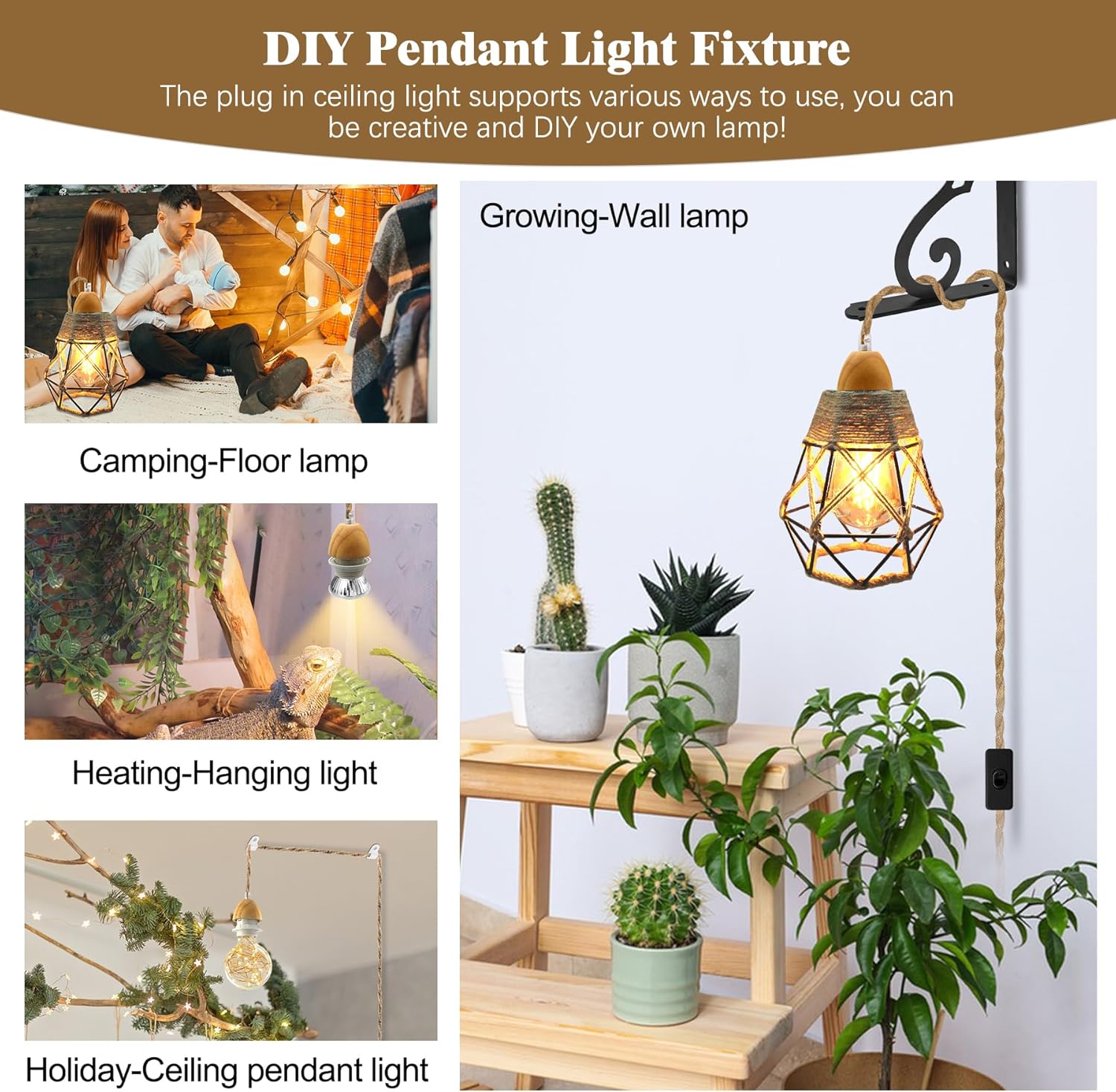 Rustic bedroom light black pendant light wood & hemp rope cable hanging light