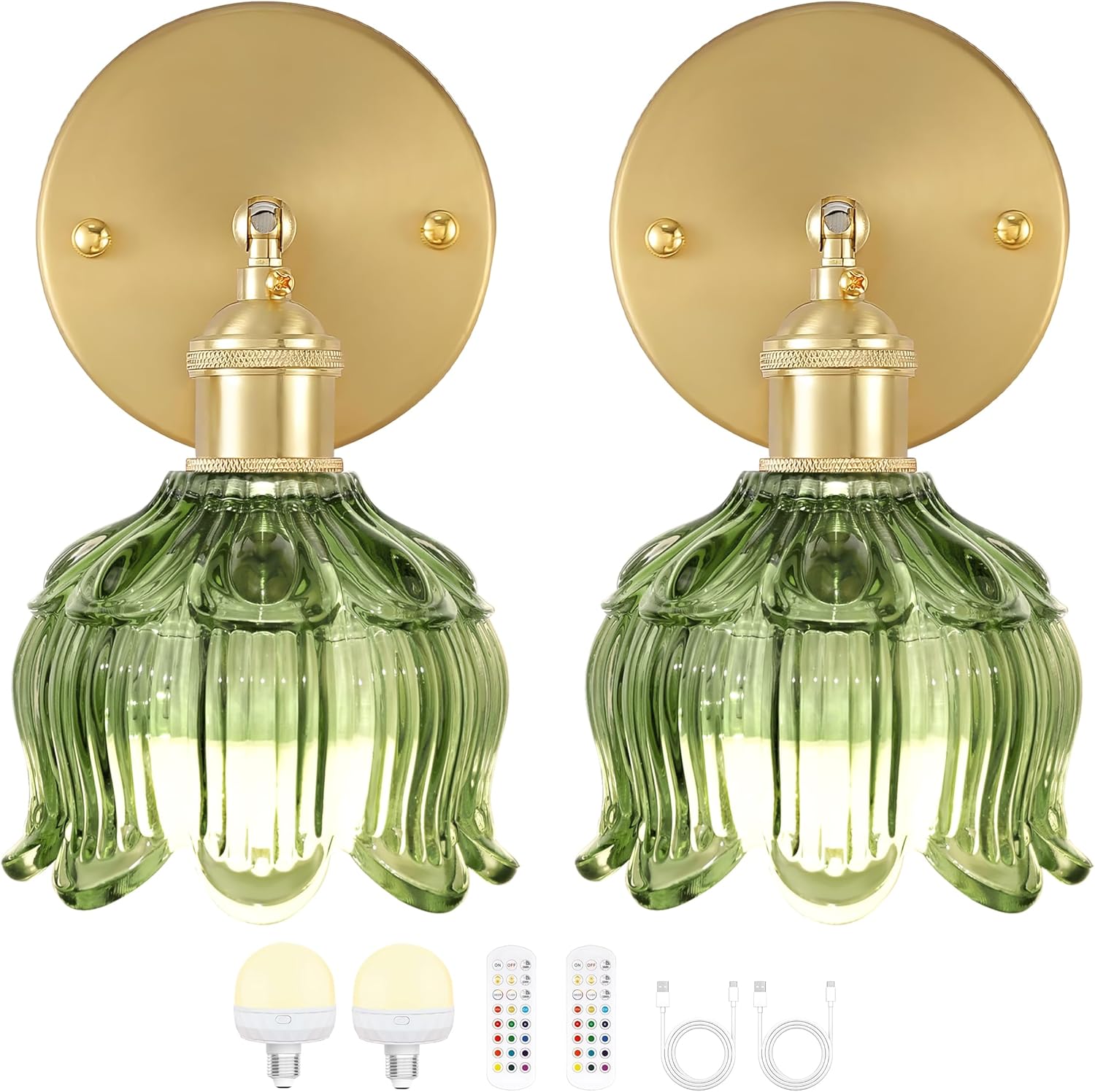 Set of 2 bedroom light green wall light brass, glass kitchen light