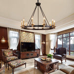 Vintage wagon wheel chandelier rust farmhouse pendant with black and gold finish
