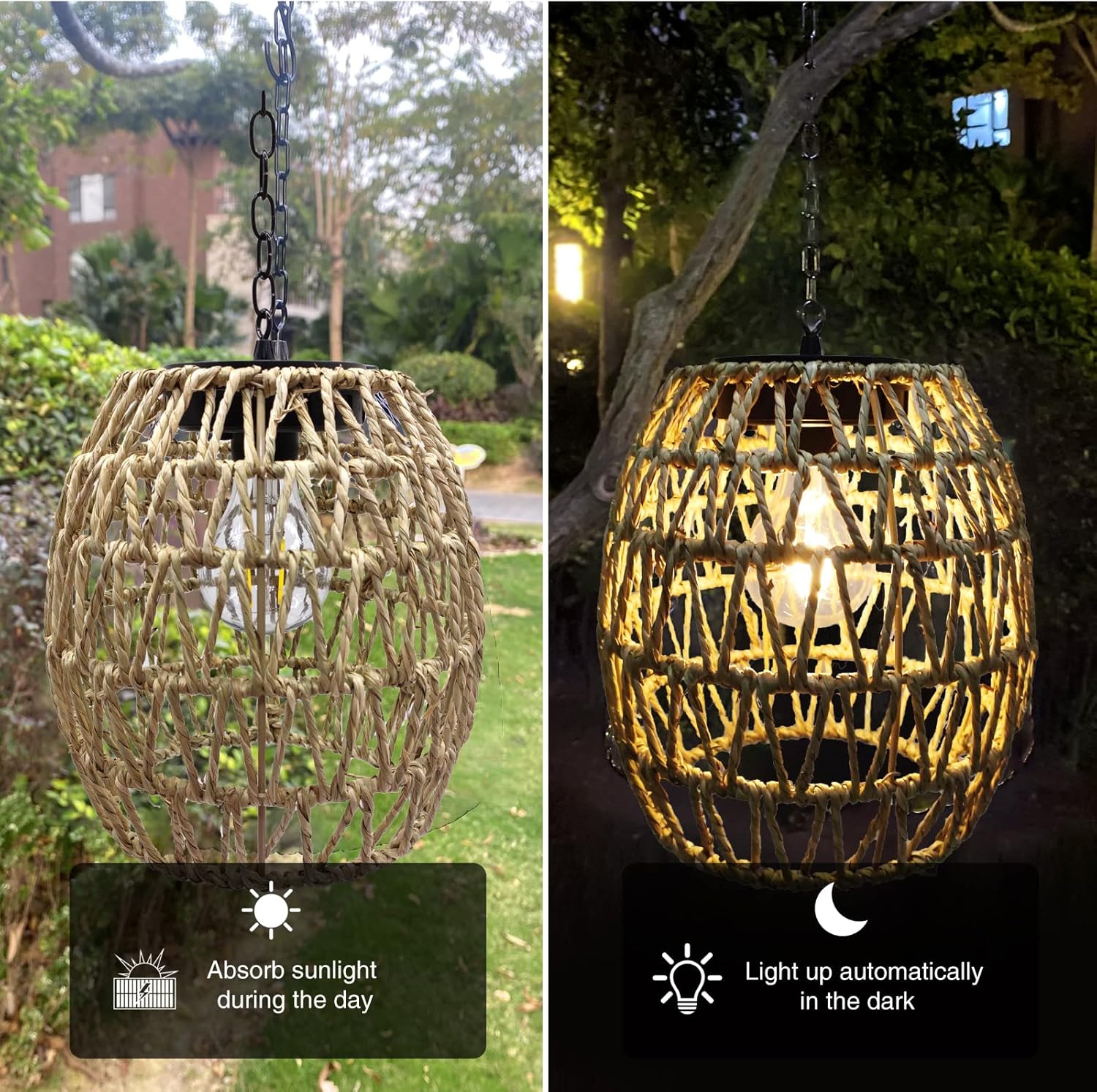 Twine hooks hanging lamp brown, beige solar light rattan, bamboo porch light