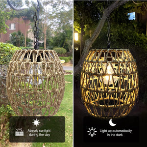 Twine hooks hanging lamp brown, beige solar light rattan, bamboo porch light