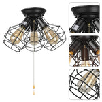 3 light vintage industrial wire cage pull string ceiling light fixture