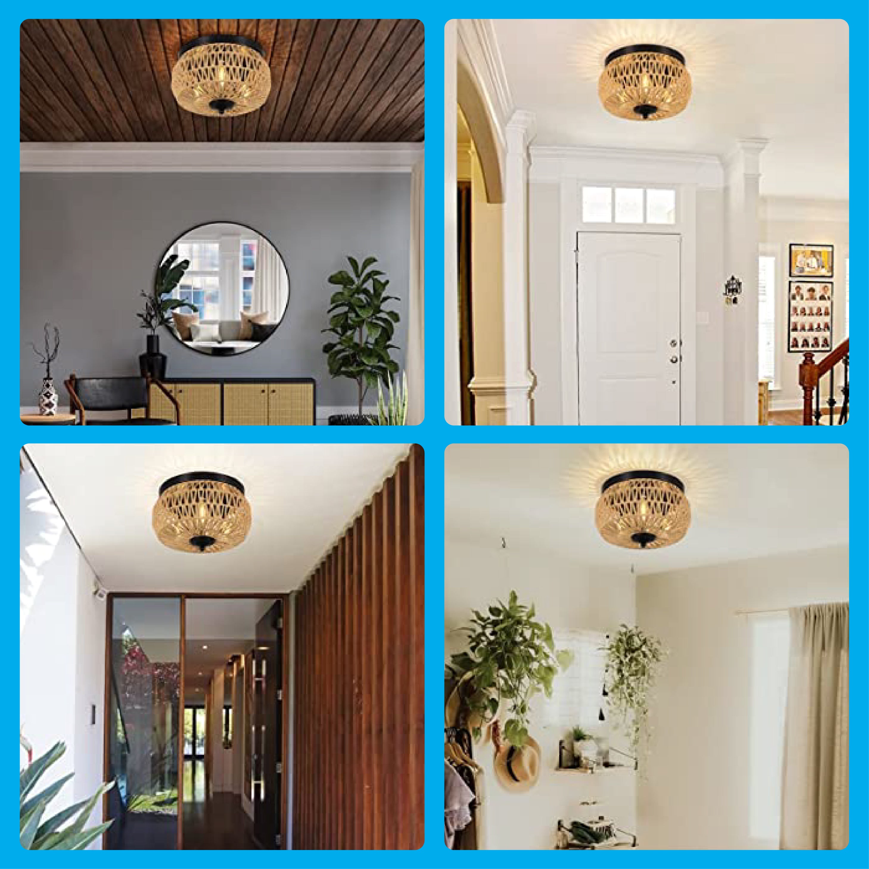 3-Lights rattan ceiling light Brown rattan flush mount ceiling light Woven rattan light fixture