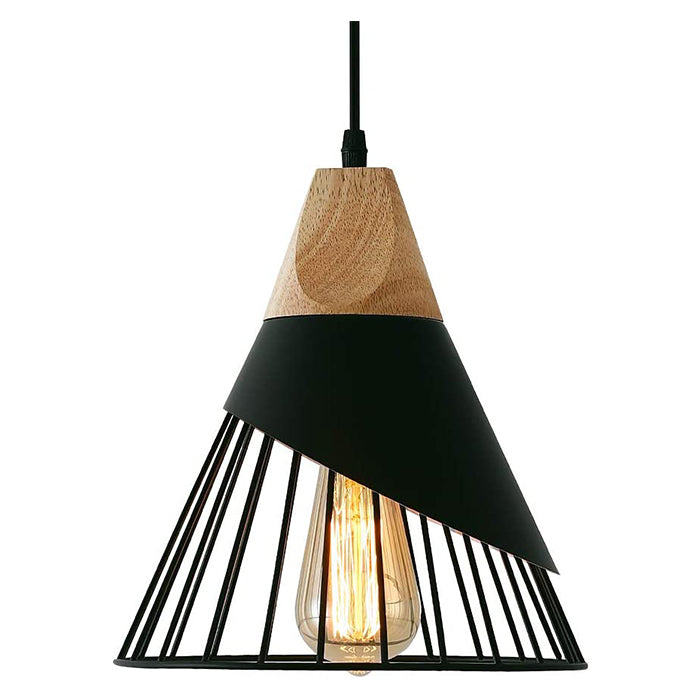 Industrial pendant lamp black cage wood pendant lighting