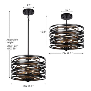 Black drum pendant light 12.6 Inch entryway light fixture hanging Vintage kitchen lights