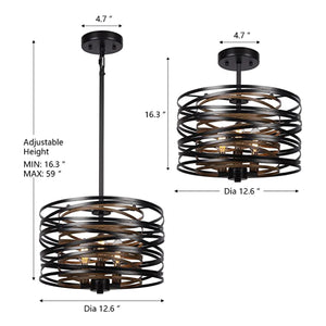 Black drum pendant light 12.6 Inch entryway light fixture hanging Vintage kitchen lights