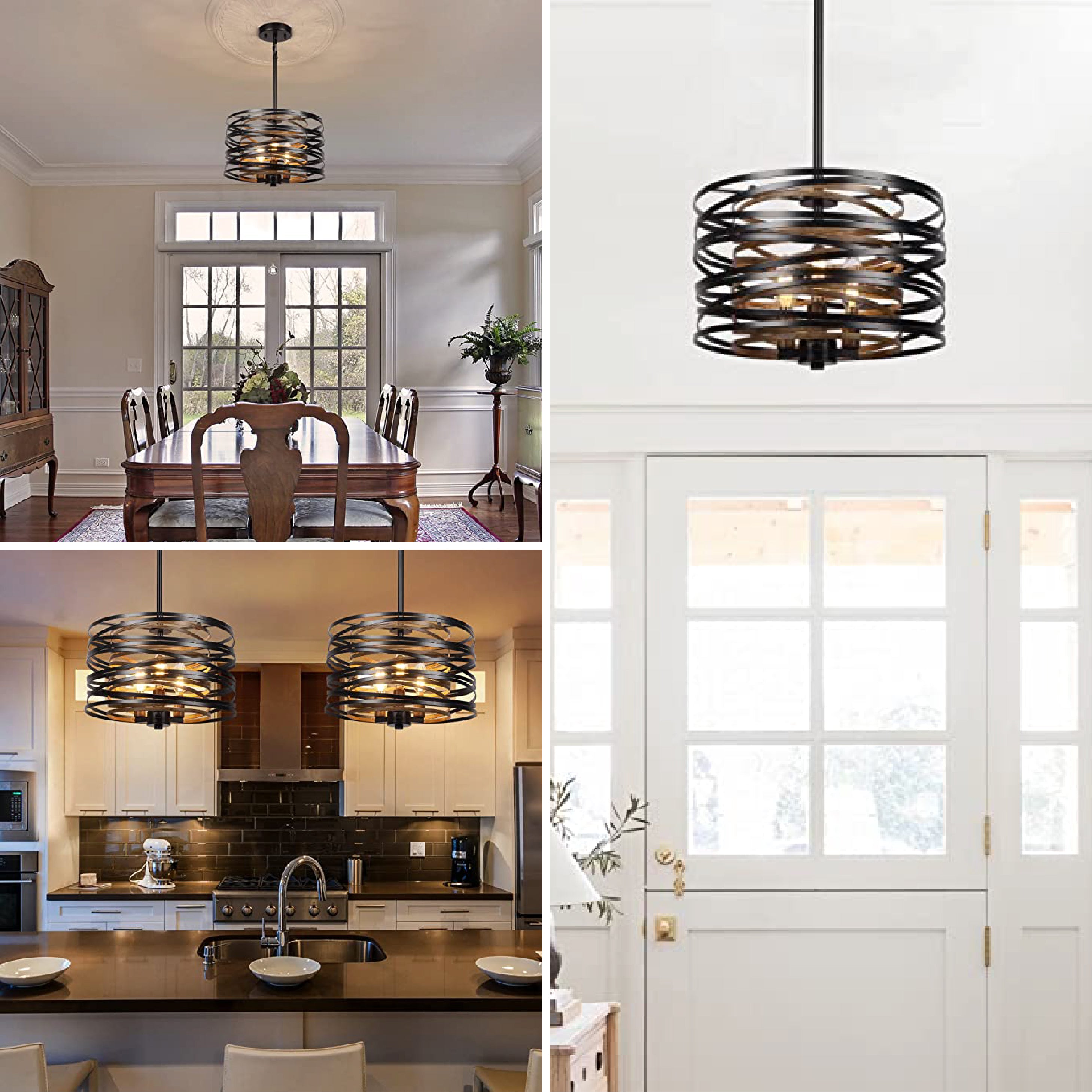 Black drum pendant light 12.6 Inch entryway light fixture hanging Vintage kitchen lights