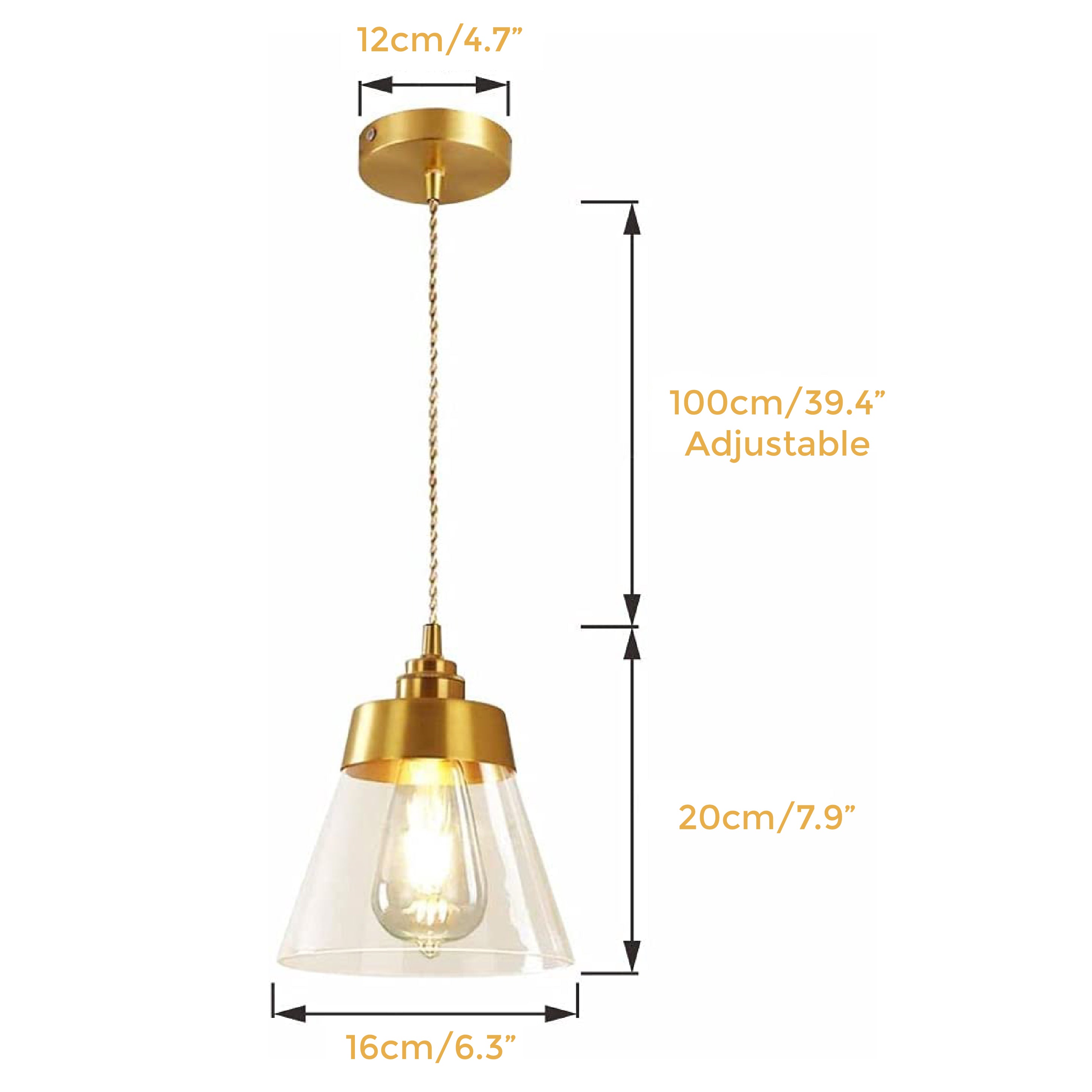 Gold and glass pendant light Adjustable Cord for Kitchen Island light Conical-Shaped Lamp