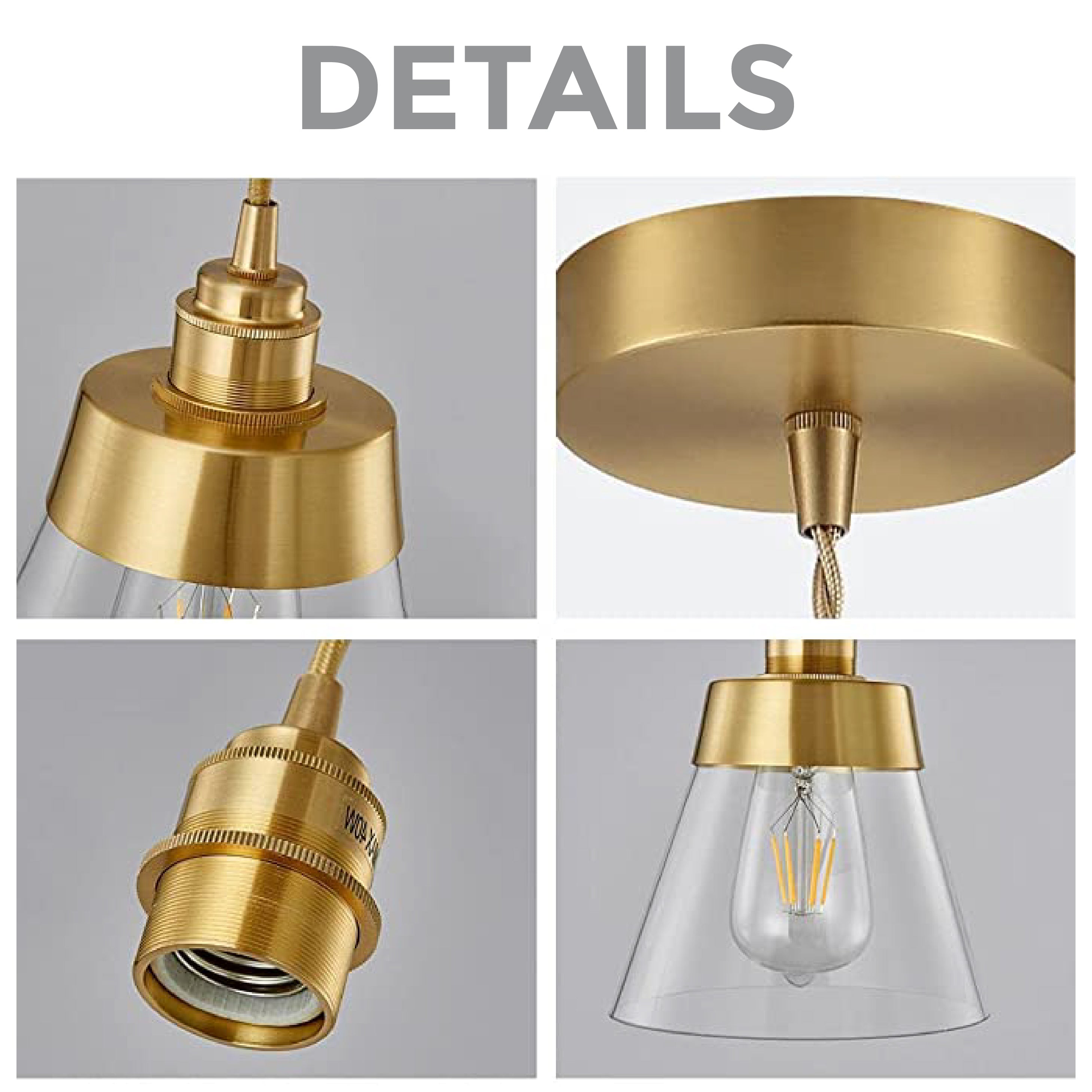 Gold and glass pendant light Adjustable Cord for Kitchen Island light Conical-Shaped Lamp