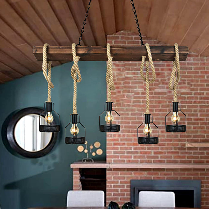 Rust farmhouse pendant light fixture for kitchen vintage 5 light black wood pendant lamp