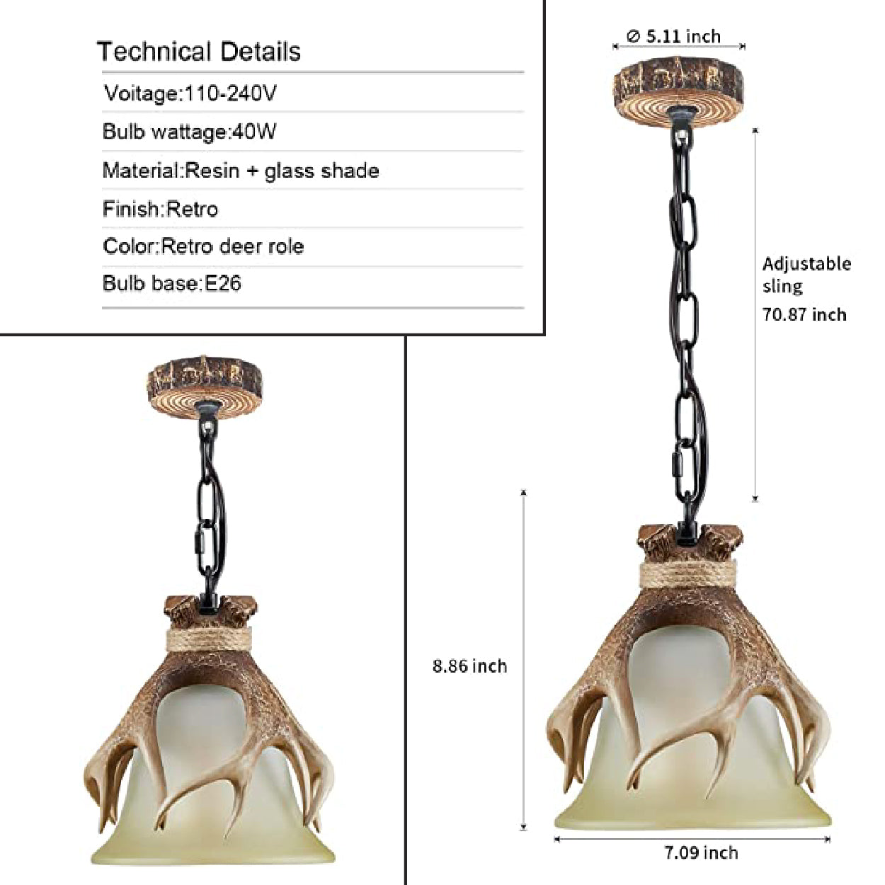 Brown deer antler chandelier Glass Art Deco cabin light fixtures 1 Light kitchen pendant hanging lights