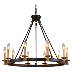 Vintage wagon wheel chandelier rust farmhouse pendant with black and gold finish