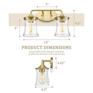 2-Light brushed gold vanity light  Glass & Metal led light for kitchen Gold led Wall light fixtures