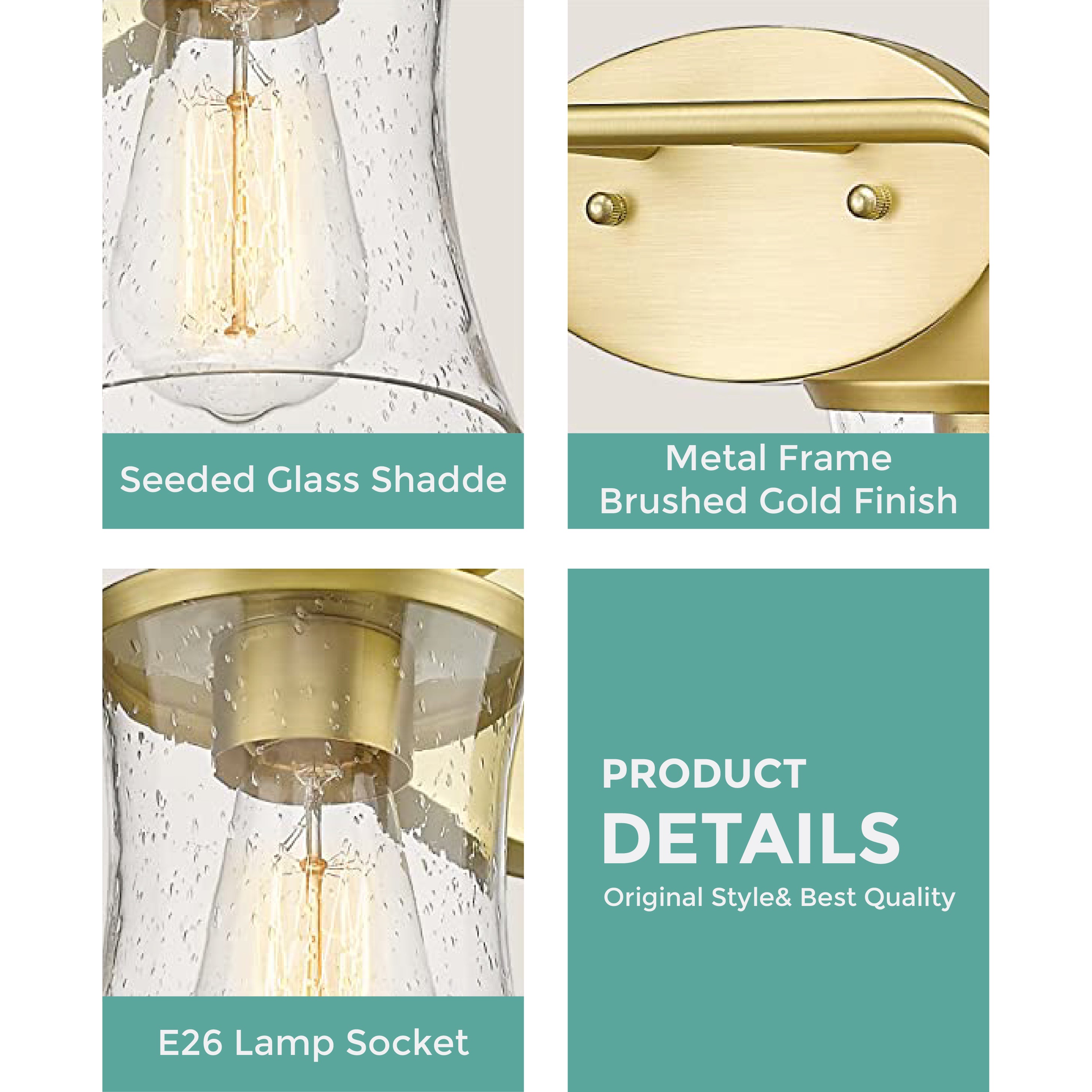 2-Light brushed gold vanity light  Glass & Metal led light for kitchen Gold led Wall light fixtures