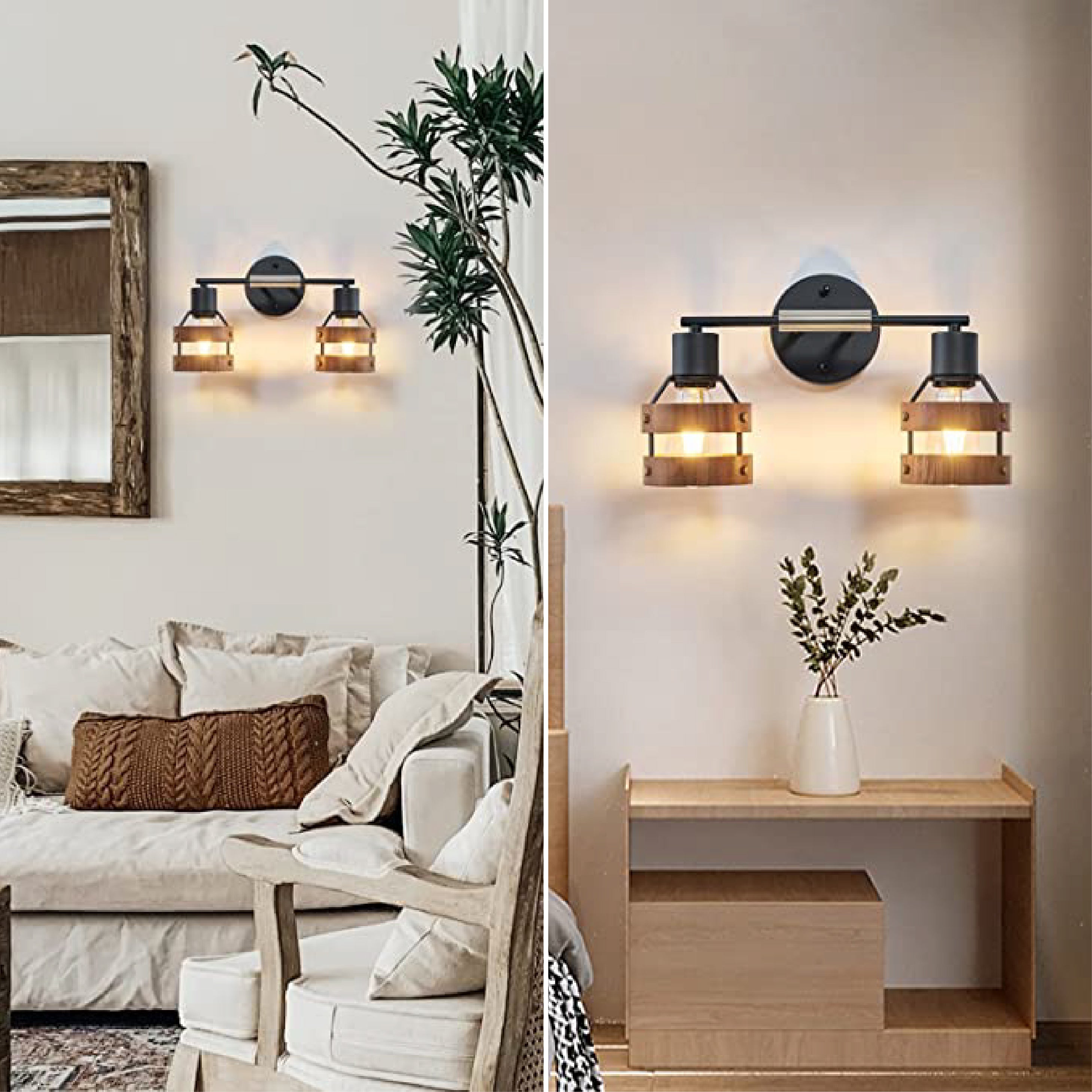 2-Light bathroom light fixtures brushed nickel Black wall lights for living room Wood & Metal vanity light with outlet