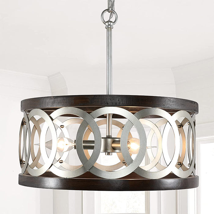 Wood and silver chrome chandelier farmhouse circle hanging pendant lamp