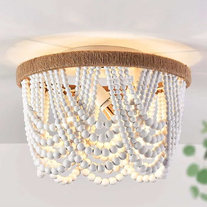 Wood beads Flush Mount Ceiling Light 3 light White Boho Light Fixture