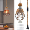 Rustic bedroom light black pendant light wood & hemp rope cable hanging light