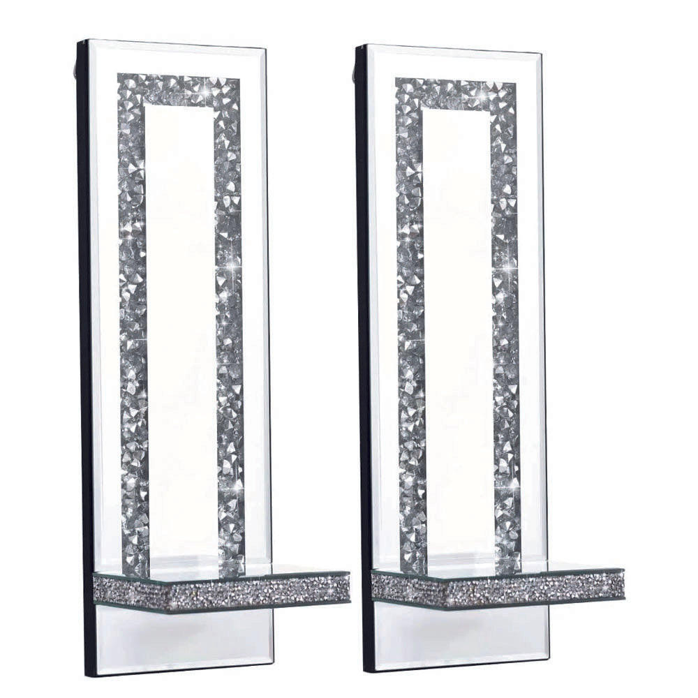Set of 2 candle light silver wall light wood, mirror & glass decor light