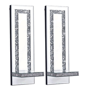 Set of 2 candle light silver wall light wood, mirror & glass decor light