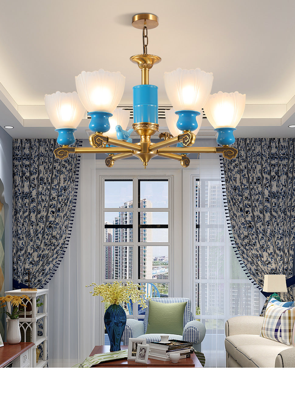 Modern blue chandelier lights for home decor with glass shade