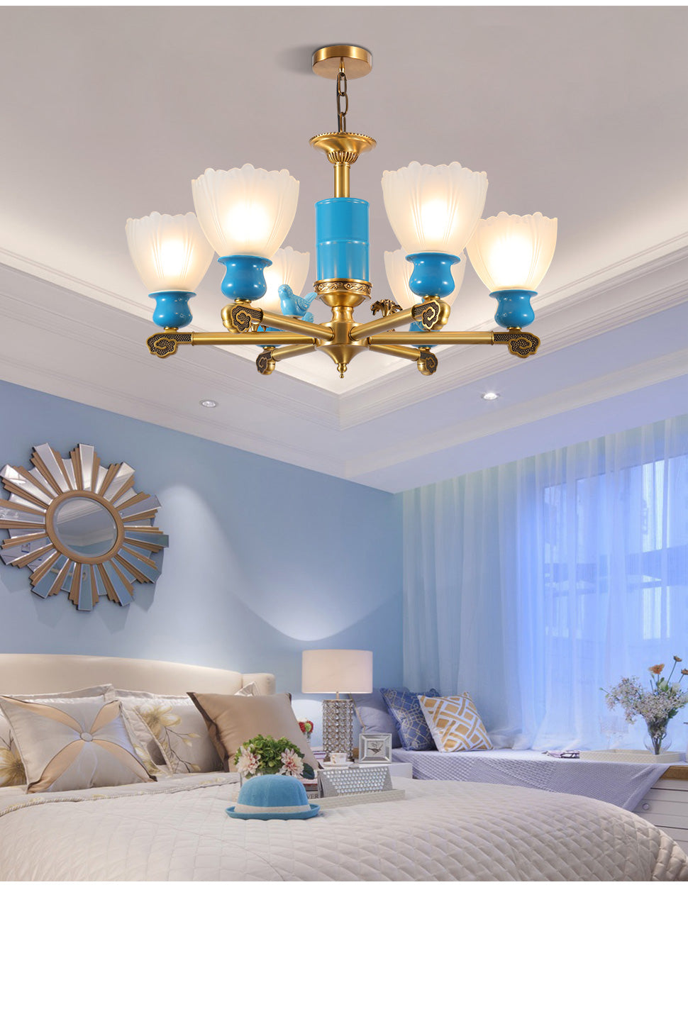 Modern blue chandelier lights for home decor with glass shade