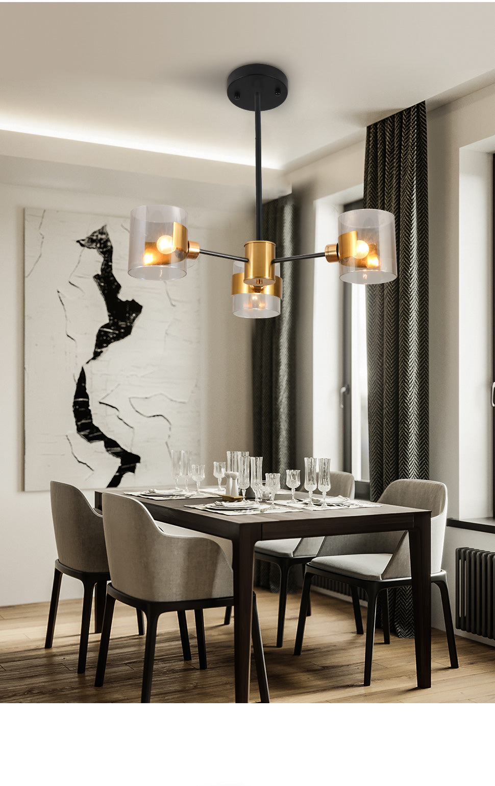 3 light modern glass chandelier with gold finish
