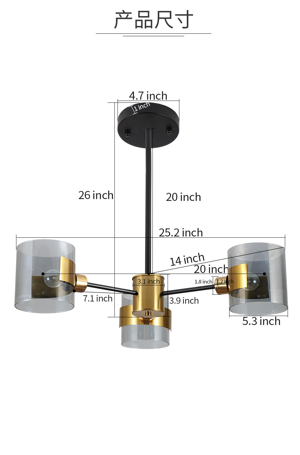3 light modern glass chandelier with gold finish